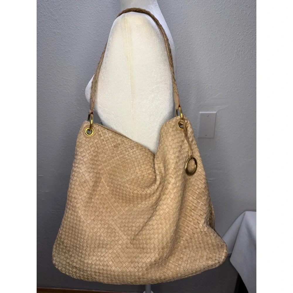 Elliott Lucca Isadora Hobo Bag Women Large Tan Woven Leather Fair Stained Base